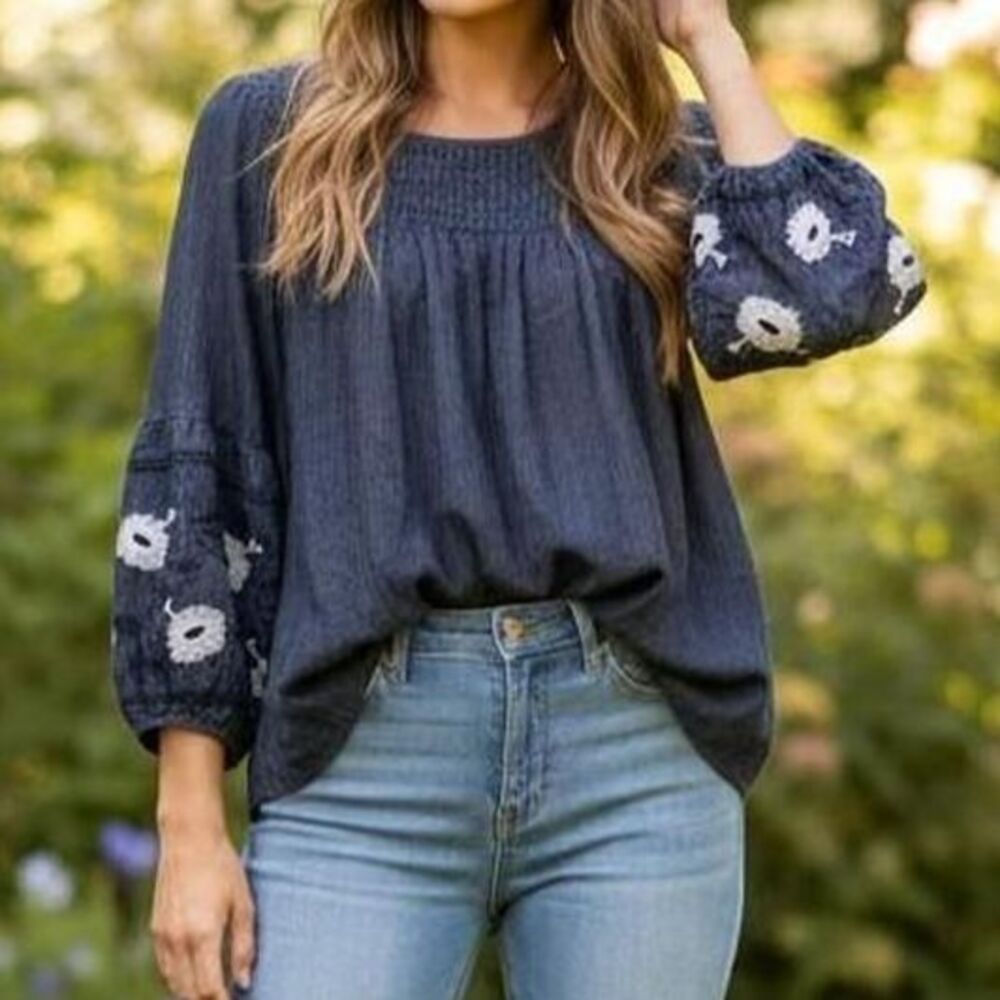 Boho Dream Smocked Blouse with Floral Embroidery small peasant prairie